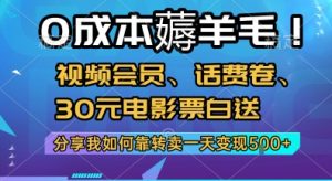0成本薅羊毛!视频会员、话费卷、30元电影票白送，分享我如何靠转卖一天变现5张+【揭秘】-第一资源库
