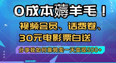 0成本薅羊毛!视频会员、话费卷、30元电影票白送，分享我如何靠转卖一天变现5张+【揭秘】-第一资源库