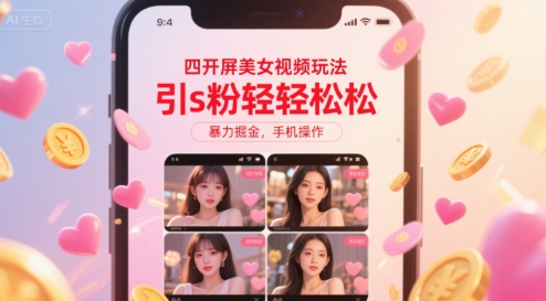 四开屏美女视频玩法，引s粉轻轻松松，暴力掘金，手机操作【揭秘】-第一资源库