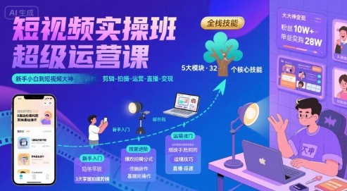 短视频实操班超级运营课，新手小白到短视频大神必修课程，剪辑-拍摄-运营-直播-变现-第一资源库