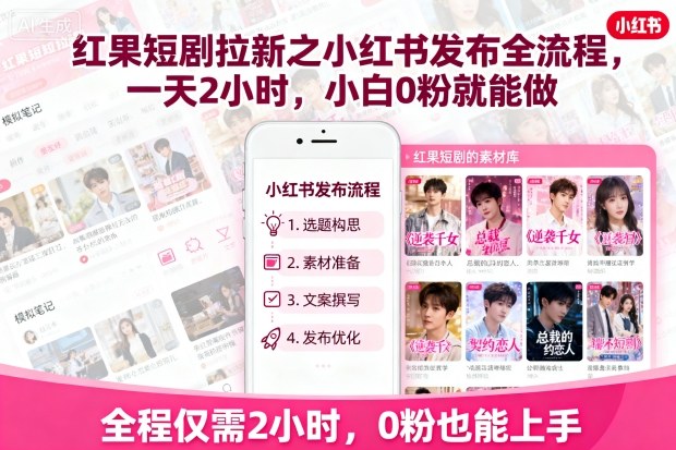 红果短剧拉新之小红书发布全流程，一天2小时，小白0粉就能做-第一资源库