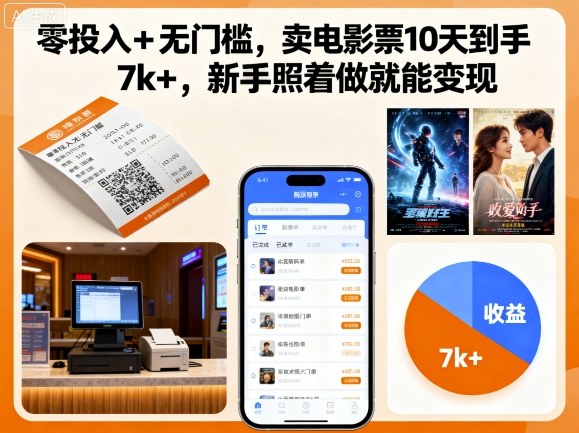 零投入+无门槛，卖电影票10天到手7k+，新手照着做就能变现【揭秘】-第一资源库