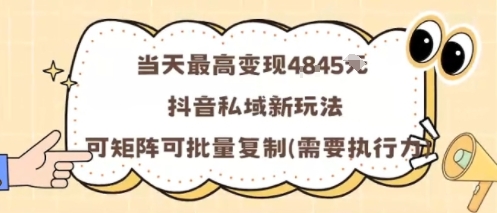 当天最高变现1k+，抖音私域新玩法，可矩阵可批量复制-第一资源库