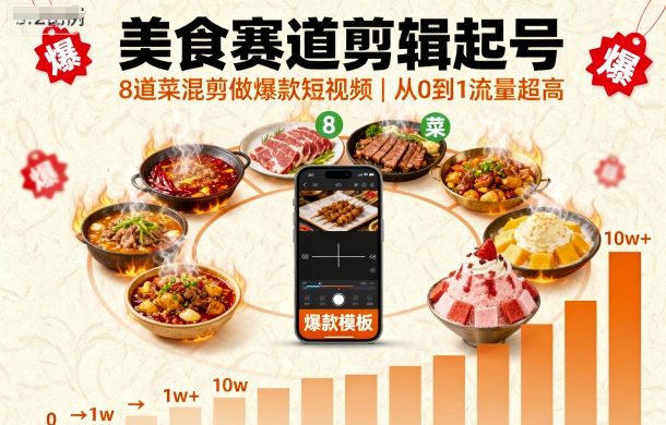 美食赛道剪辑起号，8道菜混剪做爆款短视频，从0到1，流量超高-第一资源库