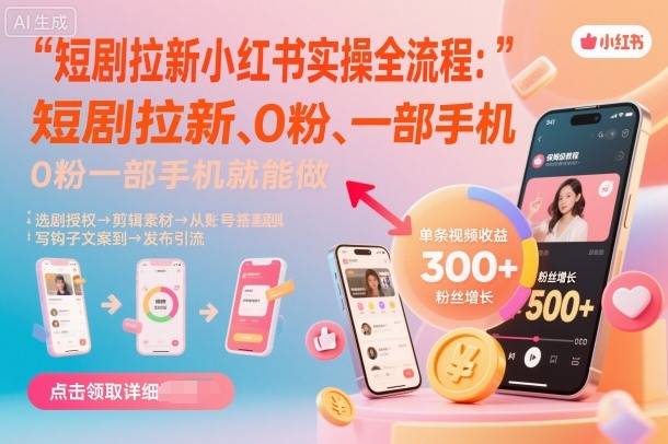短剧拉新小红书实操全流程，0粉一部手机就可以做，详细教程-第一资源库