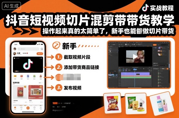 抖音短视频切片混剪带货教学，操作起来真的太简单了，新手也能做切片带货-第一资源库