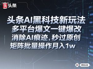 头条AI黑科技新玩法,多平台爆文一键爆改,消除AI痕迹,秒过原创,矩阵批量操作月入1w+【揭秘】-第一资源库