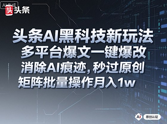 头条AI黑科技新玩法，多平台爆文一键爆改，消除AI痕迹，秒过原创，矩阵批量操作月入1w+【揭秘】-第一资源库