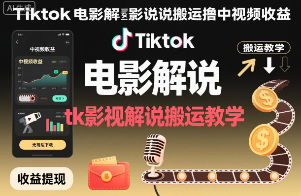Tiktok电影解说搬运撸中视频收益，tk影视解说搬运教学-第一资源库