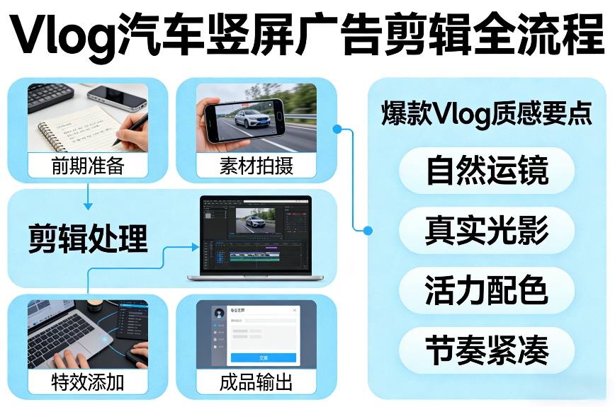 Vlog感觉汽车竖屏广告剪辑脚本全流程，拿捏爆款Vlog质感-第一资源库