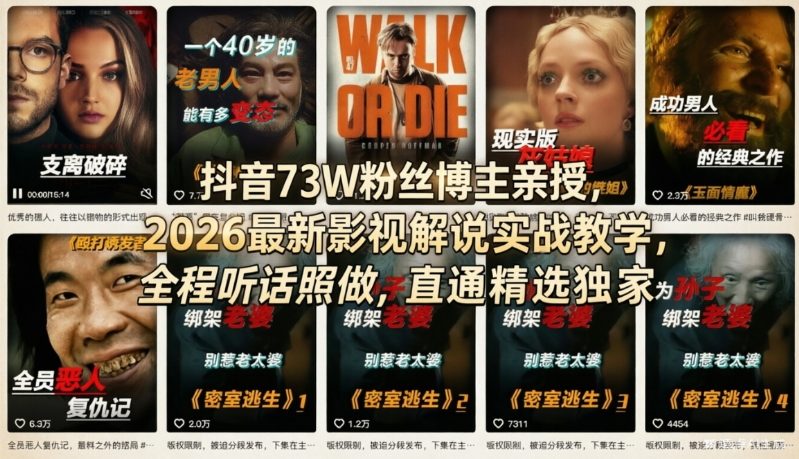 抖音73W粉丝博主亲授，2026最新影视解说实战教学，全程听话照做，直通精选独家-第一资源库