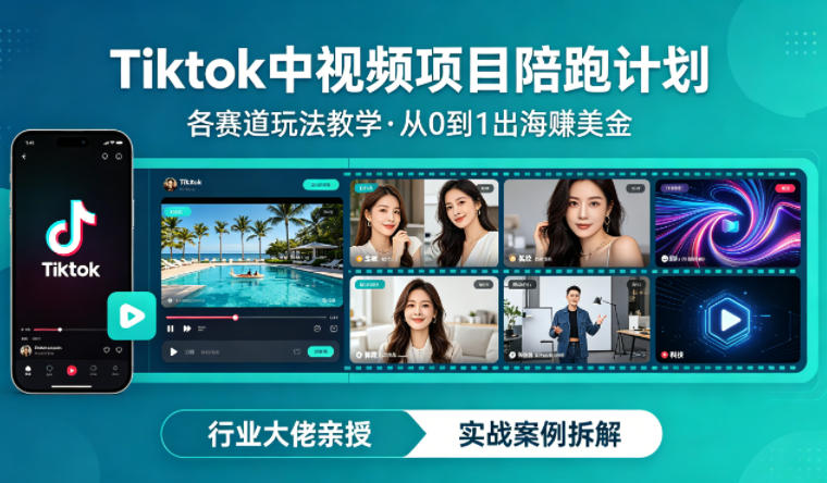 某大佬的Tiktok中视频项目陪跑，涵盖TK各个赛道玩法教学，从0到1出海賺美金-多金部落-社群网课资源站