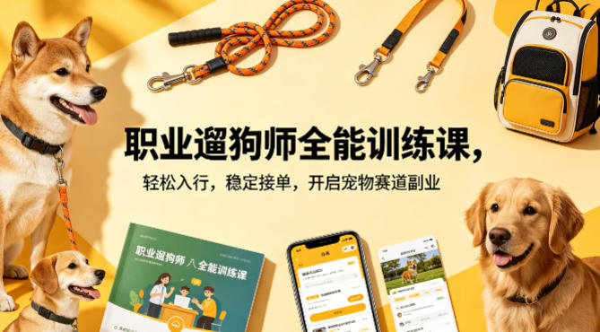 职业遛狗师全能训练课，轻松入行，稳定接单，开启宠物赛道副业-多金部落-社群网课资源站