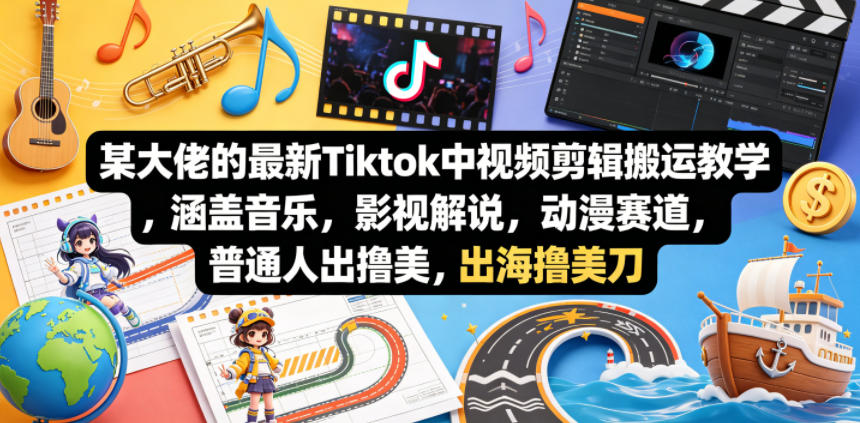 某大佬的最新Tiktok中视频剪辑搬运教学，涵盖音乐，影视解说，动漫赛道，普通人出海撸美刀-第一资源库