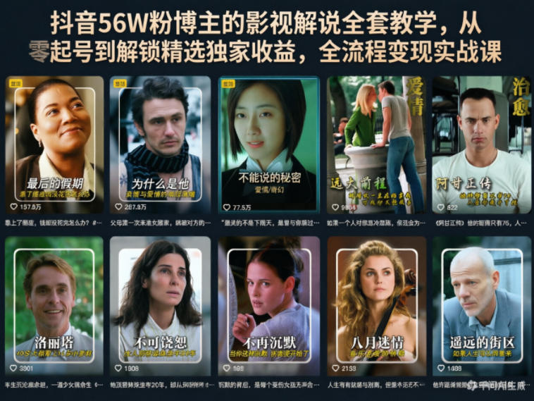 抖音56W粉博主的影视解说全套教学，从零起号到解锁精选独家收益，全流程变现实战课-第一资源库