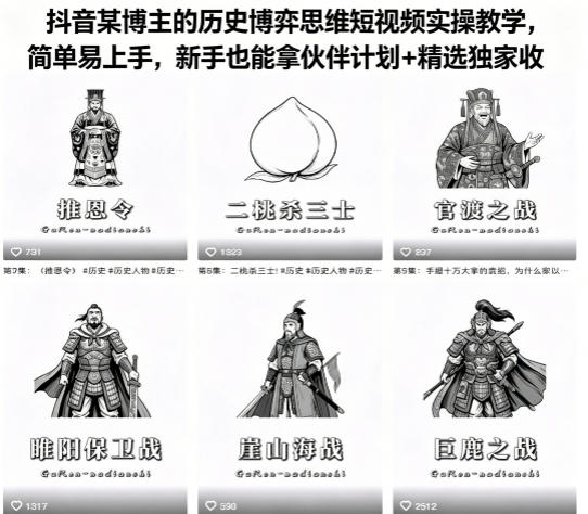 抖音某博主的历史博弈思维短视频实操教学，简单易上手，新手也能拿伙伴计划+精选独家收益-多金部落-社群网课资源站