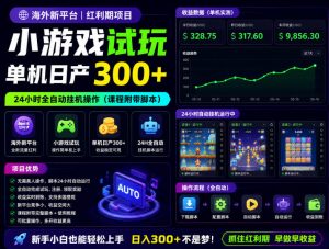 海外新平台，小游戏试玩，单机日产300+，24小时全自动挂G操作（课程附带脚本）【揭秘】-第一资源库