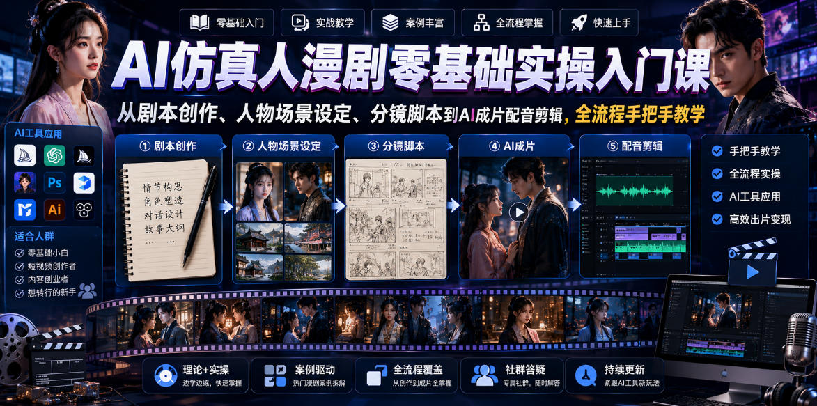 AI仿真人漫剧零基础实操入门课，从剧本创作、人物场景设定、分镜脚本到AI成片配音剪辑，全流程手把手教学-第一资源库