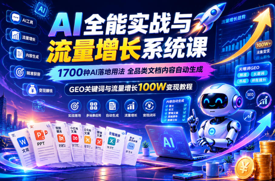 AI全能实战与流量增长系统课，1700种AI落地用法，全品类文档内容自动生成，GEO关键词与流量增长100W变现教程-第一资源库