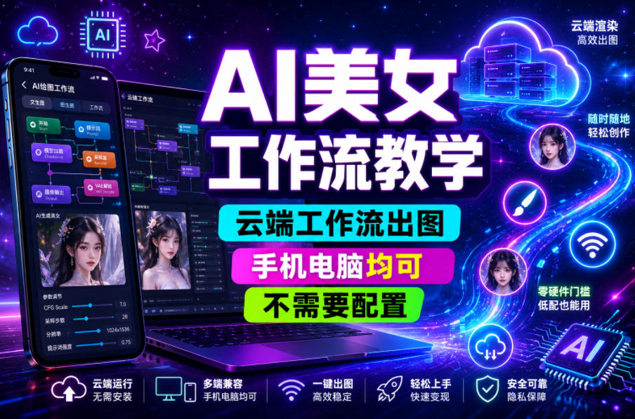 AI美女工作流教学，云端工作流出图，手机电脑均可，不需要配置，快速起号涨粉-多金部落-社群网课资源站