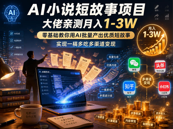 AI小说短故事项目，大佬亲测月入1-3W，零基础教你用AI批量产出优质短故事，实现一稿多吃多渠道变现-多金部落-社群网课资源站