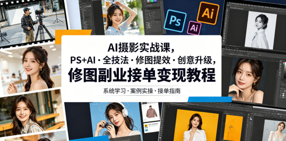 AI摄影实战课，PS+AI・全技法・修图提效・创意升级，修图副业接单变现教程-多金部落-社群网课资源站