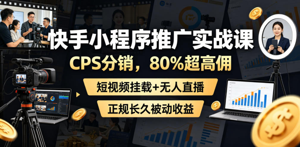 快手小程序推广实战课，CPS分销，80%超高佣，短视频挂载+无人直播，正规长久被动收益-第一资源库