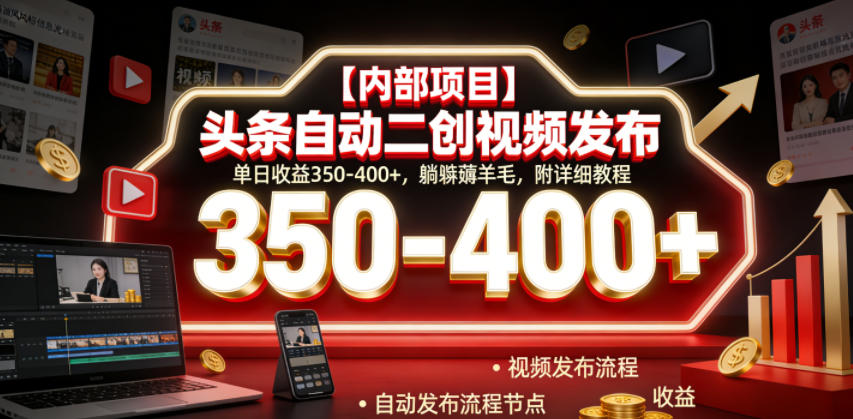 【内部项目】头条自动二创视频发布，单日收益350-400+，躺賺薅羊毛，附详细教程【揭秘】-多金部落-社群网课资源站