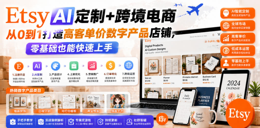 Etsy AI定制+跨境电商，从0到1打造高客单价数字产品店铺，零基础也能快速上手-多金部落-社群网课资源站