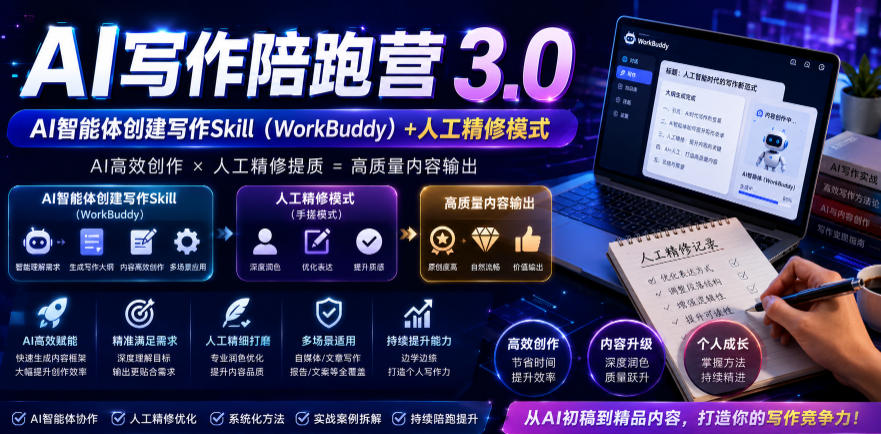 AI写作陪跑营3.0，Ai智能体创建写作skill（workbuddy）+人工手写模式（手搓模式），去除AI痕迹（头条号、公众号、百家号）-多金部落-社群网课资源站