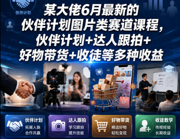 某大佬6月最新的伙伴计划图片类赛道课程，伙伴计划+达人跟拍+好物带货+收徒等多种收益-多金部落-社群网课资源站