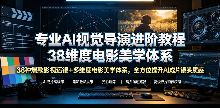 专业AI视觉导演进阶教程，38种爆款影视运镜+多维度电影美学体系，全方位提升AI成片高级感与镜头质感-第一资源库