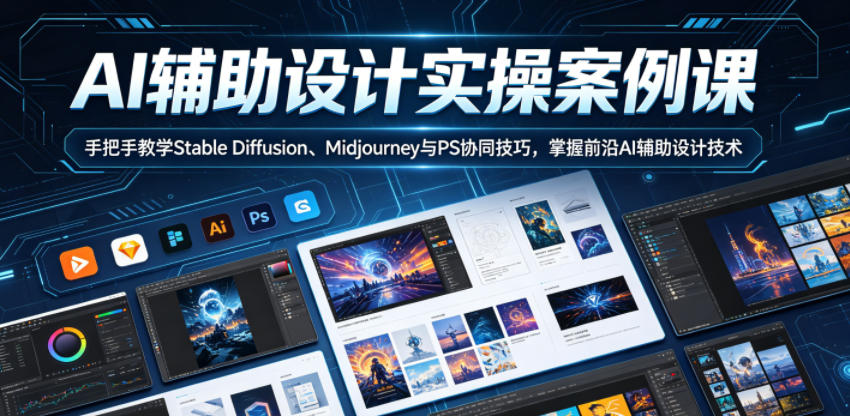 AI辅助设计实操案例课，手把手教学Stable Diffusion、Midjourney与PS协同技巧，掌握前沿AI辅助设计技术-多金部落-社群网课资源站