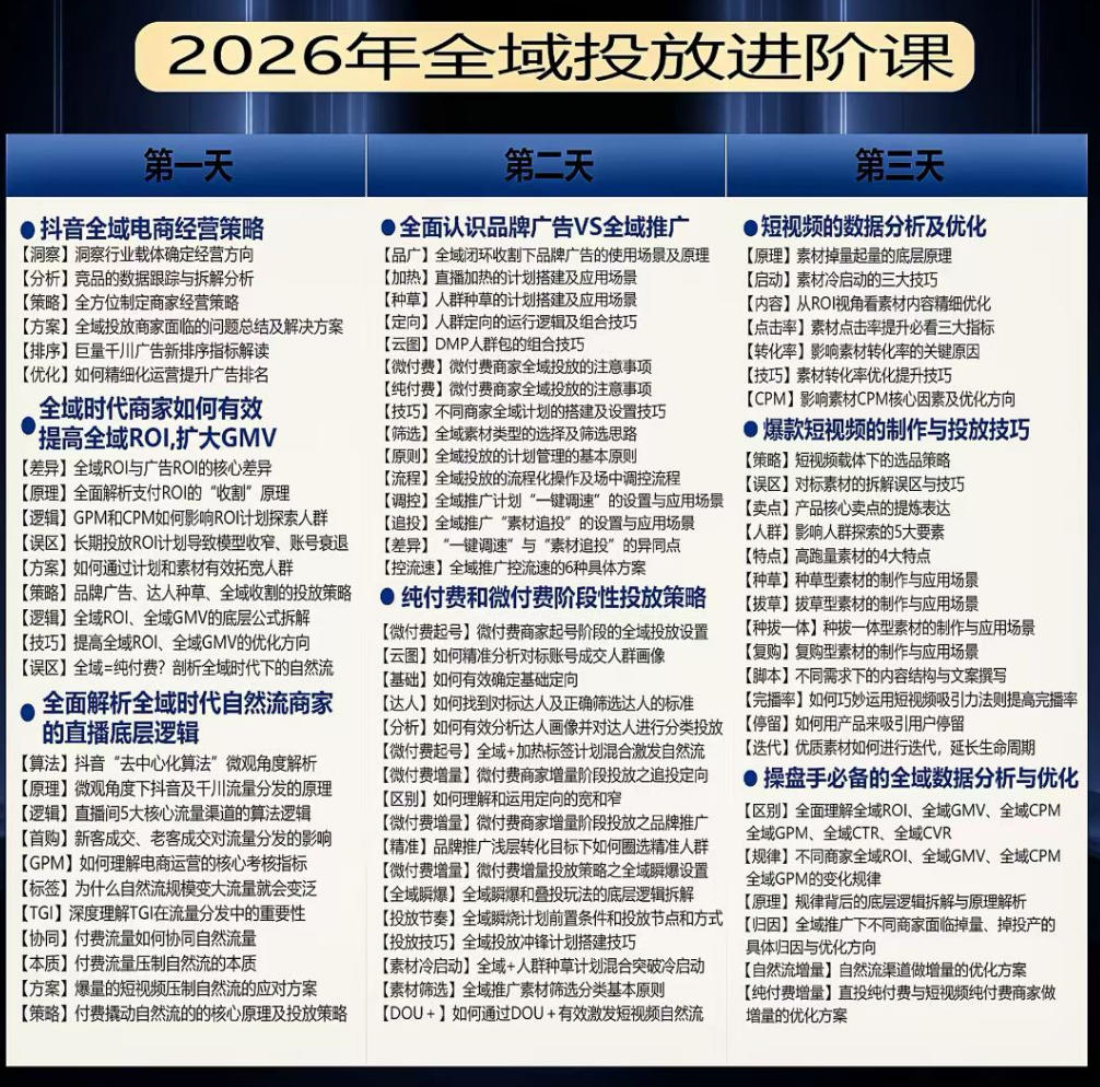 千川扫地僧2026抖音全域投放进阶课，少走弯路·快速起量·掌控增长，6月12-14号杭州线下课-第一资源库