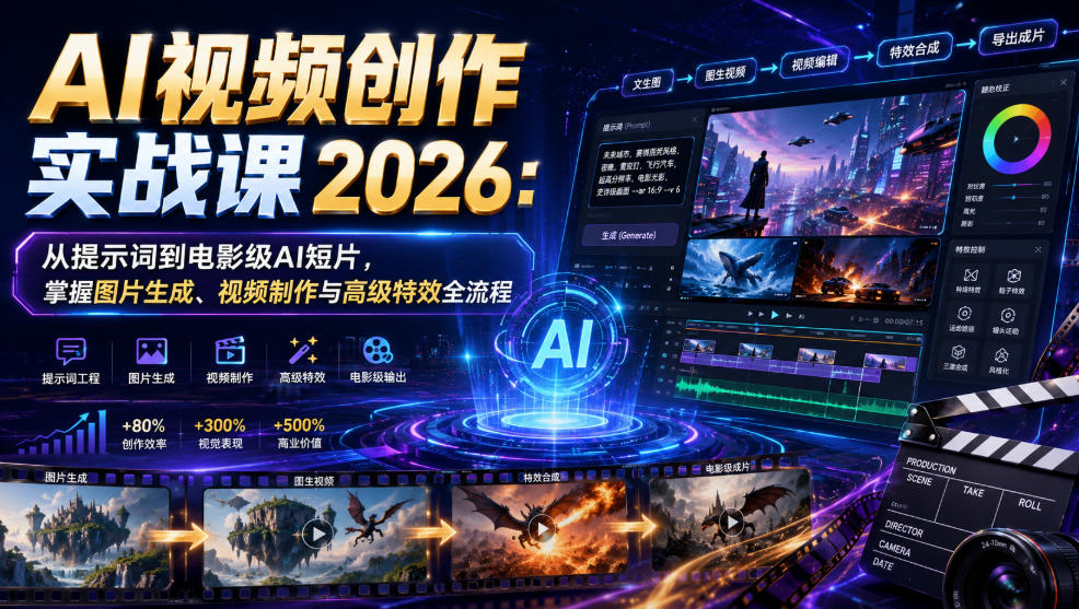 AI视频创作实战课2026：从提示词到电影级AI短片，掌握图片生成、视频制作与高级特效全流程-多金部落-社群网课资源站