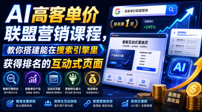 AI高客单价联盟营销课程，教你搭建能在搜索引擎里获得排名的互动式页面，引来流量，把访客转化为高佣金的成交【原创双语字幕】-多金部落-社群网课资源站