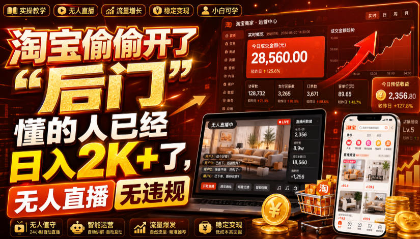 淘宝偷偷开了“后门”，懂的人已经日入2K+了，无人直播无违规，一台电脑=一家24小时营业的线上门店【揭秘】-多金部落-社群网课资源站