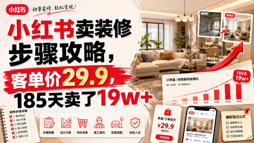 小红书卖装修步骤攻略，客单价29.9，185天卖了19w+！-多金部落-社群网课资源站