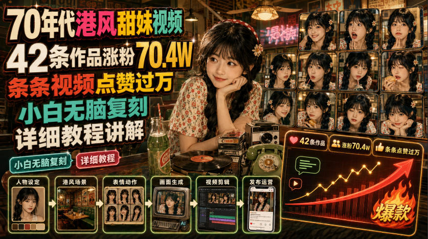 70年代港风甜妹视频，42条作品涨粉70.4W，条条视频点赞过万，小白无脑复刻，详细教程讲解-多金部落-社群网课资源站