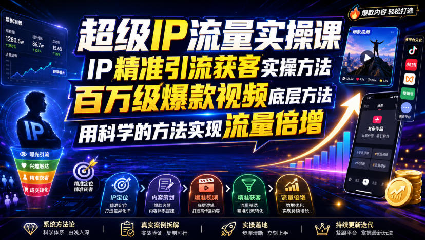 超级IP流量实操课，IP精准引流获客实操方法，百万级爆款视频底层方法，用科学的方法实现流量倍增-多金部落-社群网课资源站