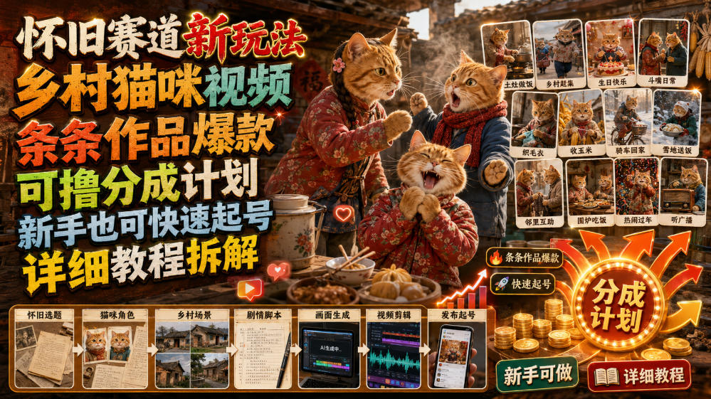 怀旧赛道新玩法，乡村猫咪视频，条条作品爆款，可撸分成计划，新手也可快速起号，详细教程拆解-多金部落-社群网课资源站