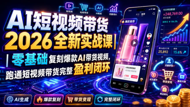 AI短视频带货2026全新实战课｜零基础复刻爆款AI带货视频，跑通短视频带货完整盈利闭环-多金部落-社群网课资源站