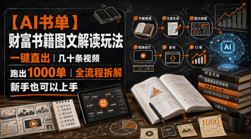【AI书单】财富书籍图文解读玩法，一键直出，几十条视频，跑出1000单，全流程拆解，新手也可以上手-多金部落-社群网课资源站