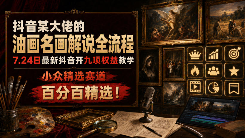 抖音某大佬的油画名画解说全流程，7.24日最新抖音开九项权益教学，小众精选赛道，百分百精选！-多金部落-社群网课资源站