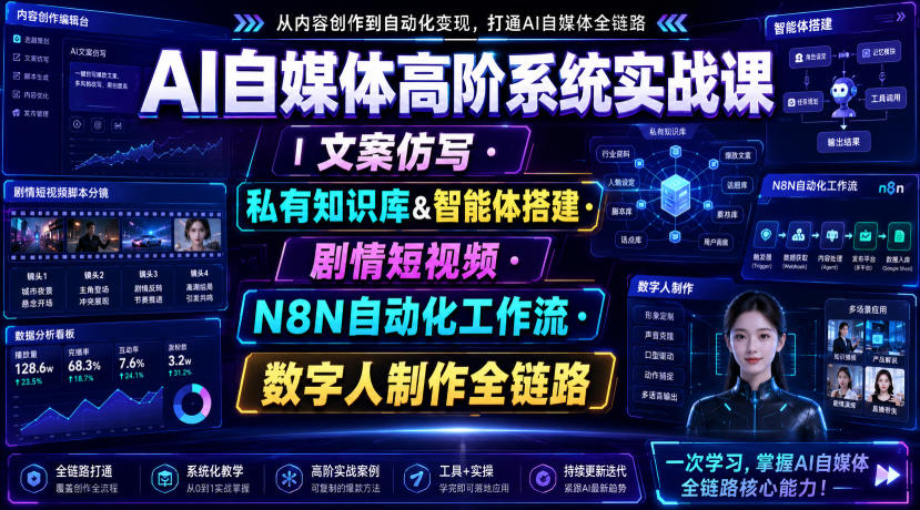 AI自媒体高阶系统实战课｜文案仿写・私有知识库&智能体搭建・剧情短视频・N8N自动化工作流・数字人制作全链路-第一资源库