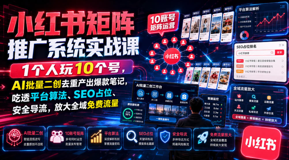 小红书矩阵推广系统实战课｜1个人玩10个号，AI批量二创去重产出爆款笔记，吃透平台算法、SEO占位、安全导流，放大全域免费流量-第一资源库