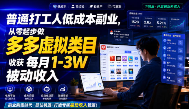 普通打工人低成本副业，从零起步做多多虚拟类目，收获每月1-3W被动收入【揭秘】-第一资源库