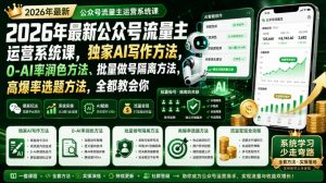 2026年最新公众号流量主运营系统课,独家AI写作方法,0-AI率润色方法、批量做号隔离方法、高爆率选题方法,全都教会你-第一资源库