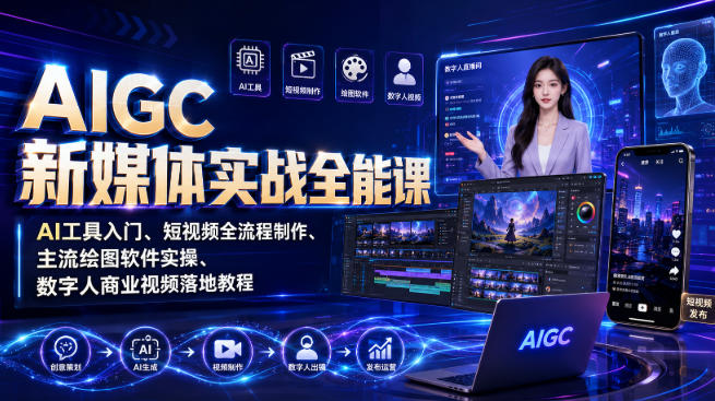 AIGC新媒体实战全能课｜AI工具入门、短视频全流程制作、主流绘图软件实操、数字人商业视频落地教程-第一资源库