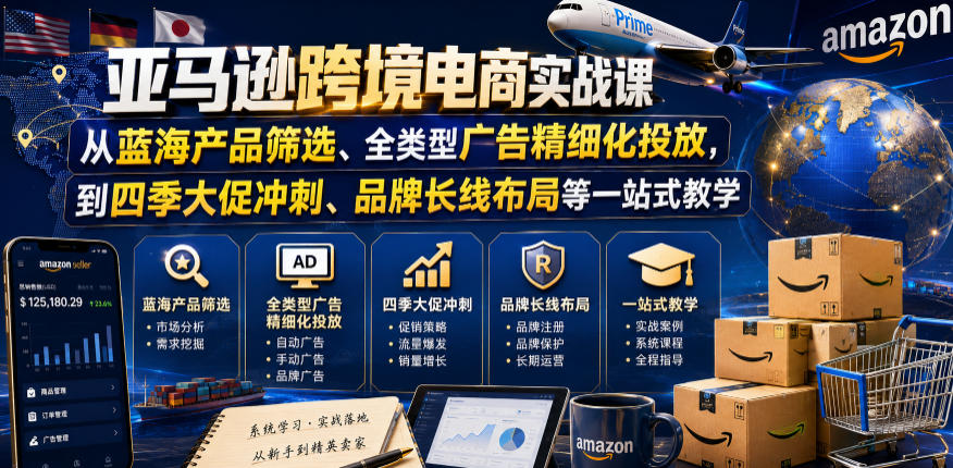 亚马逊跨境电商实战课，从蓝海产品筛选、全类型广告精细化投放，到四季大促冲刺、品牌长线布局等一站式教学（更新8月）-第一资源库